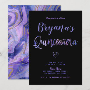 Purple Black Gold Marble Chic Glam 15 Quinceañera  Invitation
