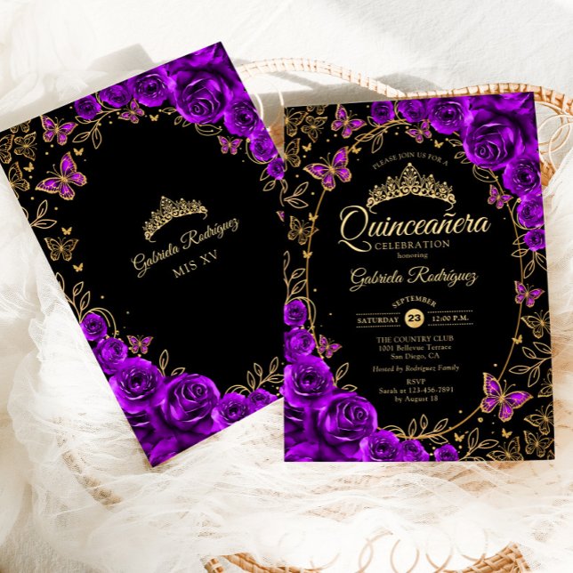 Purple Black Gold Quinceanera Invitation (Creator Uploaded)