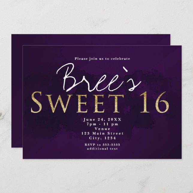Purple Black & Gold SWEET 16 Chic Birthday Party Invitation (Front/Back)