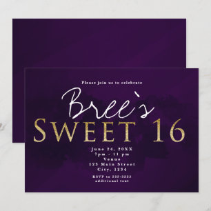 Purple Black & Gold SWEET 16 Chic Birthday Party Invitation