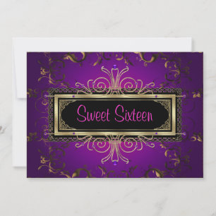 Purple Black Gold Sweet Sixteen Birthday Party Invitation