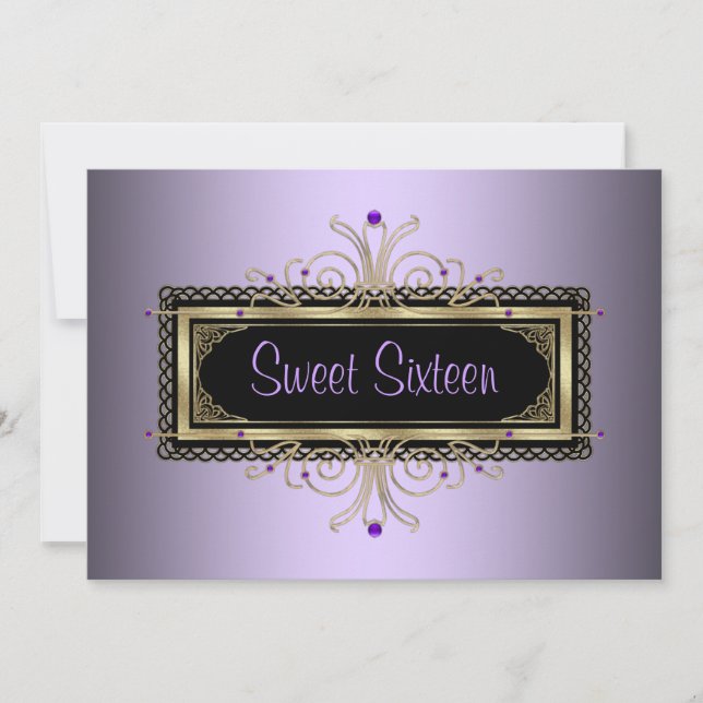 Purple Black Gold Sweet Sixteen Birthday Party Invitation (Front)