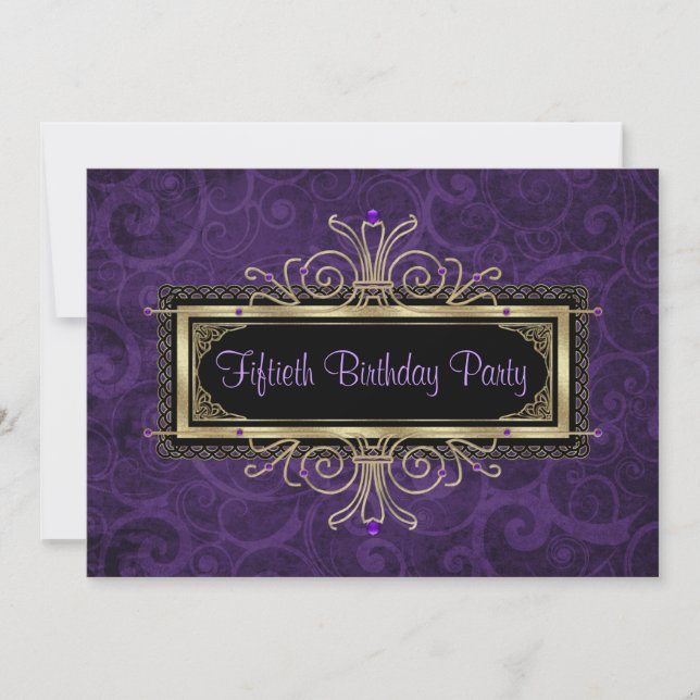 Purple Black Gold Womans Fiftieth Birthday Party Invitation (Front)