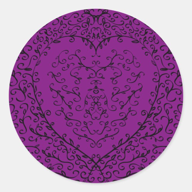 Purple & Black Gothic Wedding Heart Classic Round Sticker (Front)