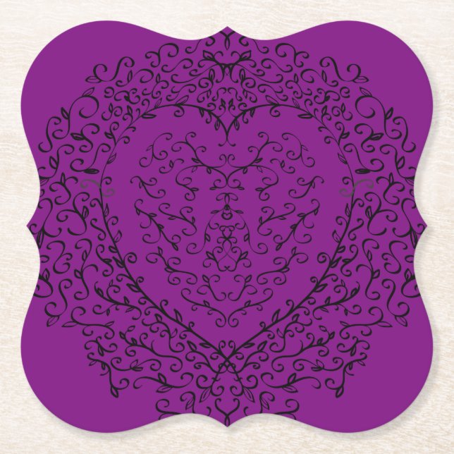 Purple & Black Gothic Wedding Heart Paper Coaster (Front)