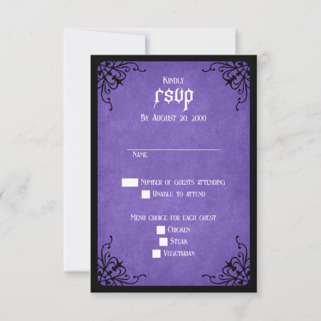 Purple Black Gothic Wedding RSVP Card (Front)