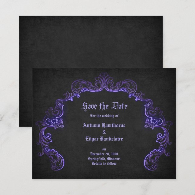 Purple Black Gothic Wedding Save The Date (Front/Back)