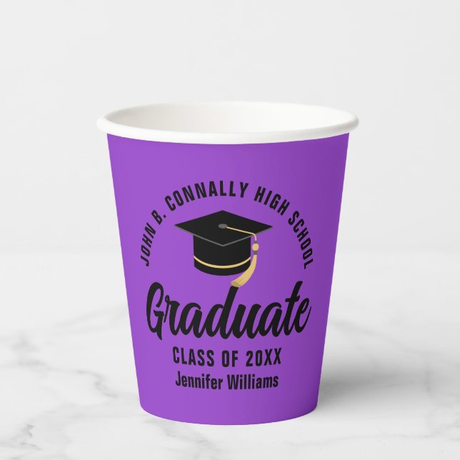 Purple Black Graduate Custom Graduation Party Paper Cups (Front)