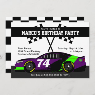 Purple Black Green White Race Car Birthday Party Card