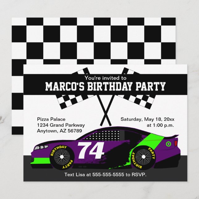 Purple Black Green White Race Car Birthday Party Card (Front/Back)