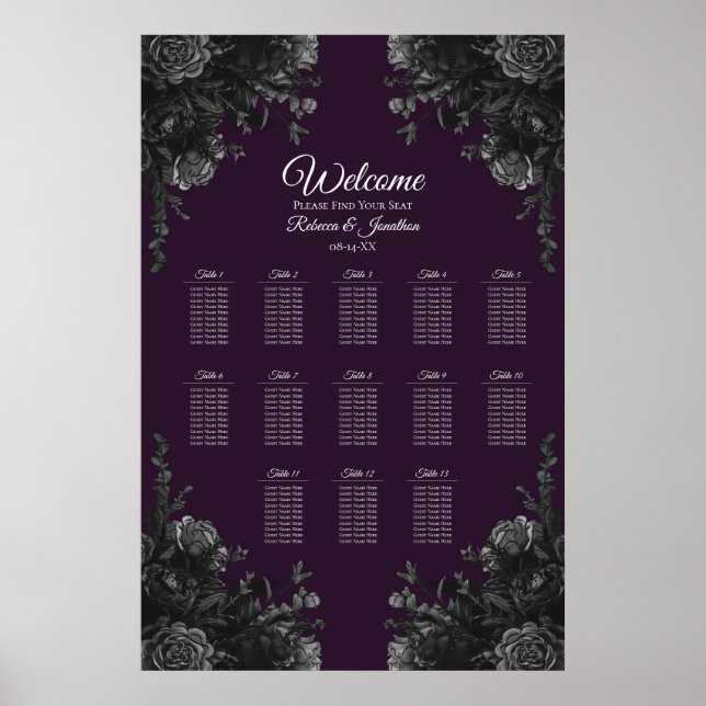 Purple Black Grey Gothic Wedding Seating Chart (Front)