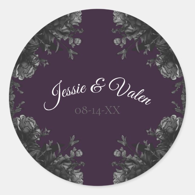 Purple Black Grey Roses Gothic Wedding Classic Round Sticker (Front)