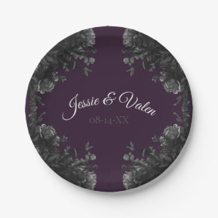 Purple Black Grey Roses Gothic Wedding Paper Plate
