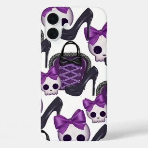 PURPLE & BLACK HALLOWEEN HIGH HEELS PURSE & SKULL iPhone 16 PLUS CASE