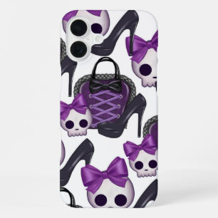 PURPLE & BLACK HALLOWEEN HIGH HEELS PURSE & SKULL iPhone 16 PLUS CASE