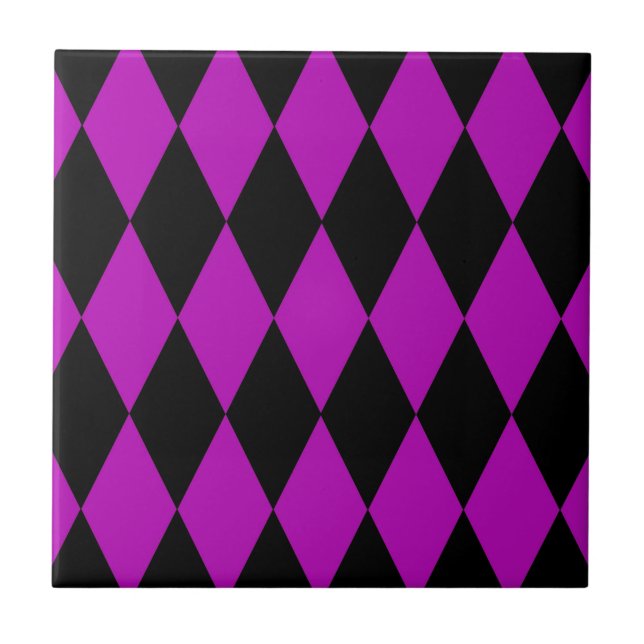 Purple Black Harlequin Diamonds Checkers Design  Ceramic Tile (Front)