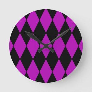 Purple Black Harlequin Diamonds Checkers Design Round Clock