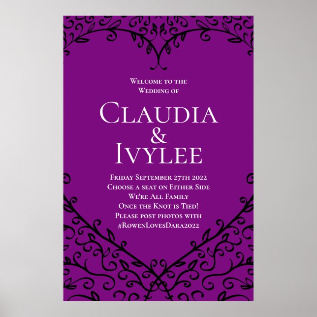 Purple & Black Heart Gothic Wedding Ceremony Sign (Front)