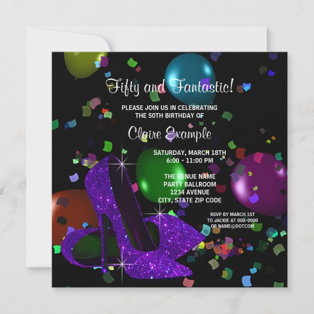 Purple Black High Heels Womans Birthday Party Invitation (Front)