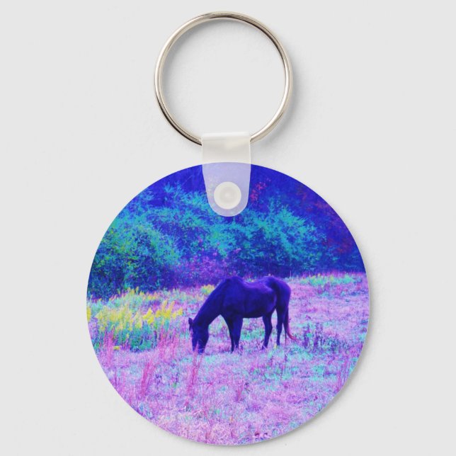 Purple Black Horse in Rainbow field Key Ring (Front)
