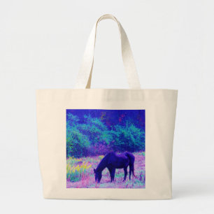Purple Black Horse in Rainbow field Large Tote Bag