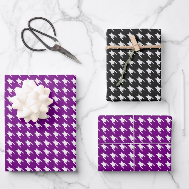 Purple & Black Houndstooth Wrapping Paper Sheets (Front)