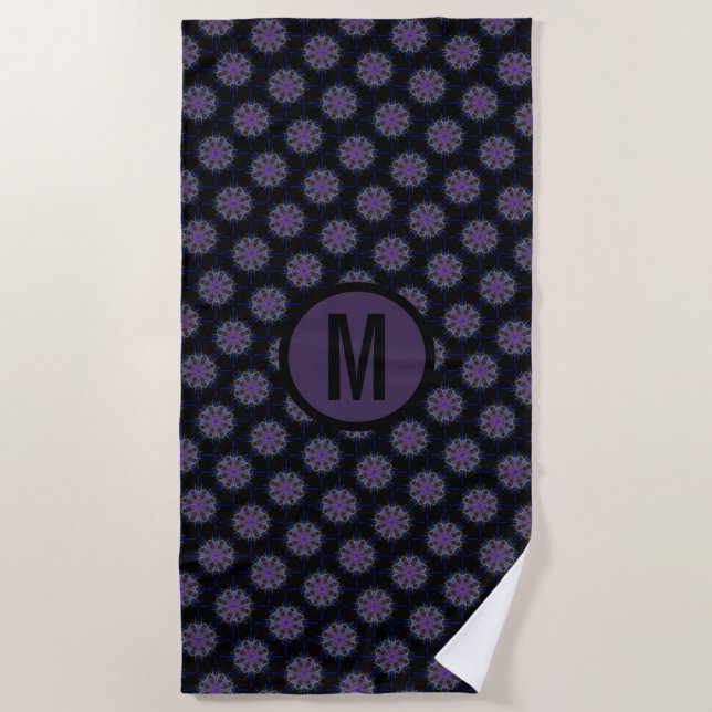 Purple Black Kaleidoscopic Design Custom Monogram Beach Towel (Front)