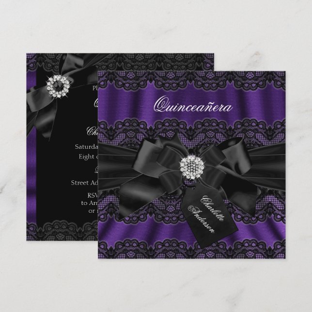 Purple Black Lace & Bow Quinceanera Party Invite (Front/Back)