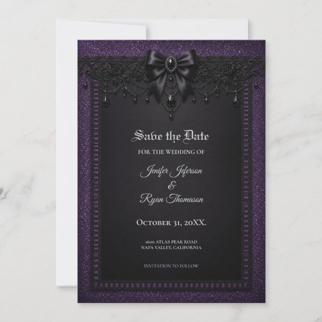 Purple Black Lace Gothic Save the date invitation (Front)