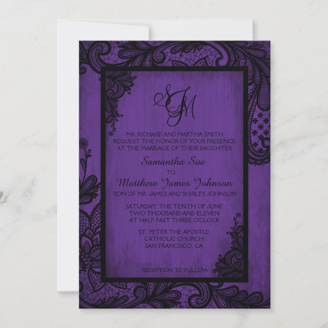 Purple Black Lace Gothic Wedding Invitation Card (Front)