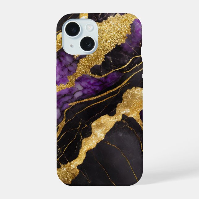 Purple Black Marble Pattern with Gold iPhone 15 Case (Back)