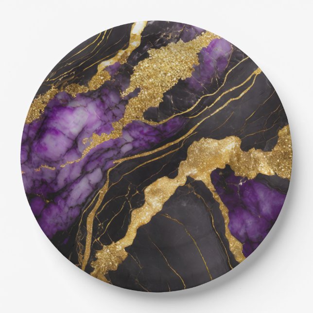 Purple Black Marble Pattern with Gold Paper Plate (Front)