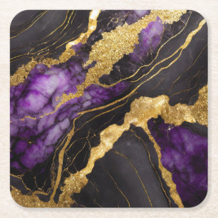 Purple Black Marble Pattern with Gold Square Paper Coaster