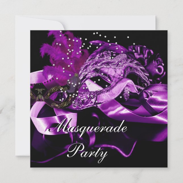 Purple Black Masks Masquerade Ball Party 2 Invitation (Front)