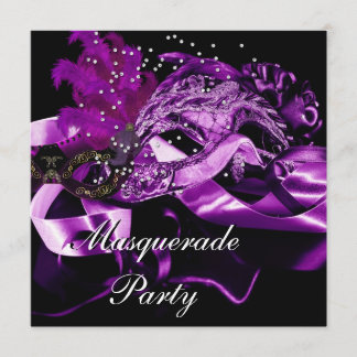 Purple Black Masks Masquerade Ball Party 2 Invitation