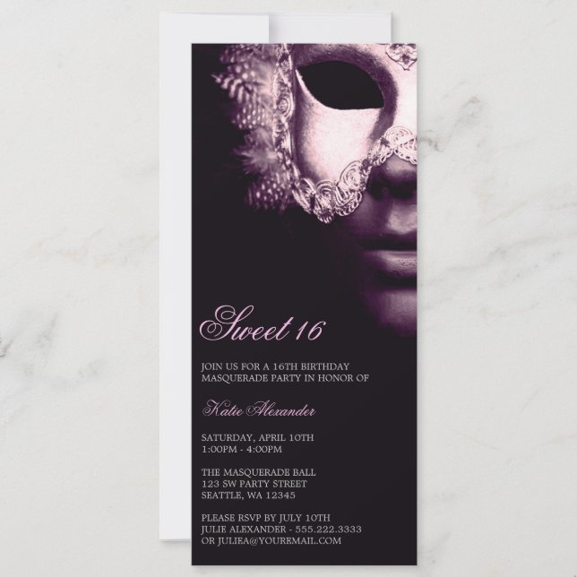 Purple Black Masquerade Sweet 16 Birthday Invites (Front)