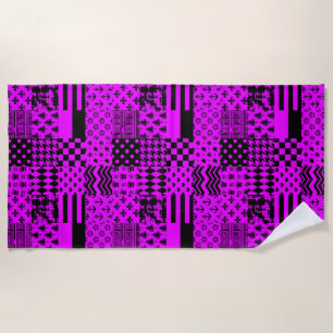 Purple Black Mixed Patterns Patchwork Design Beach Towel