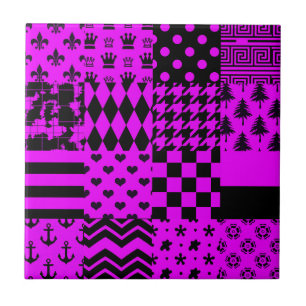 Purple Black Mixed Patterns Patchwork Design Ceramic Tile
