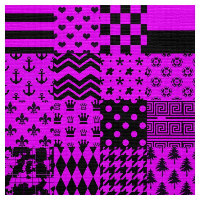 Purple Black Mixed Patterns Patchwork Design  Fabric (Swatch)