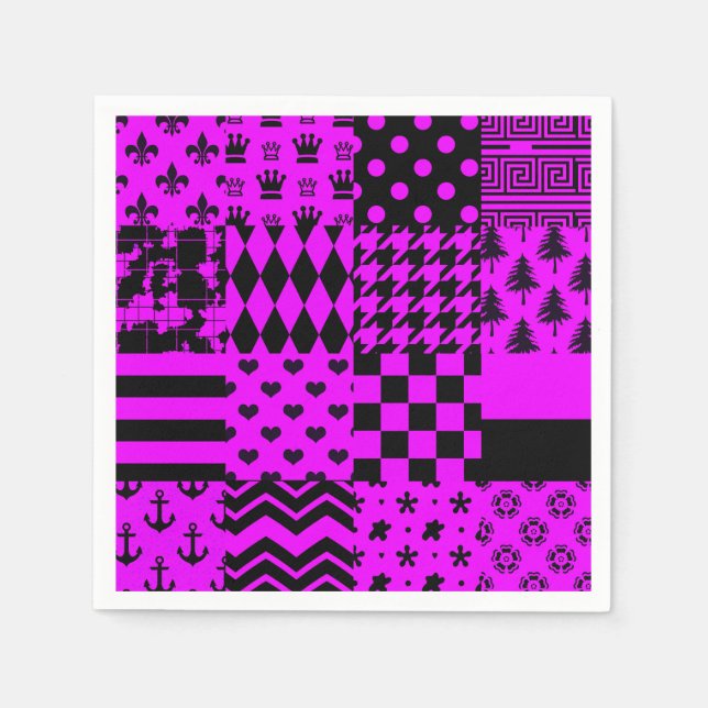 Purple Black Mixed Patterns Patchwork Design  Napkin (Front)
