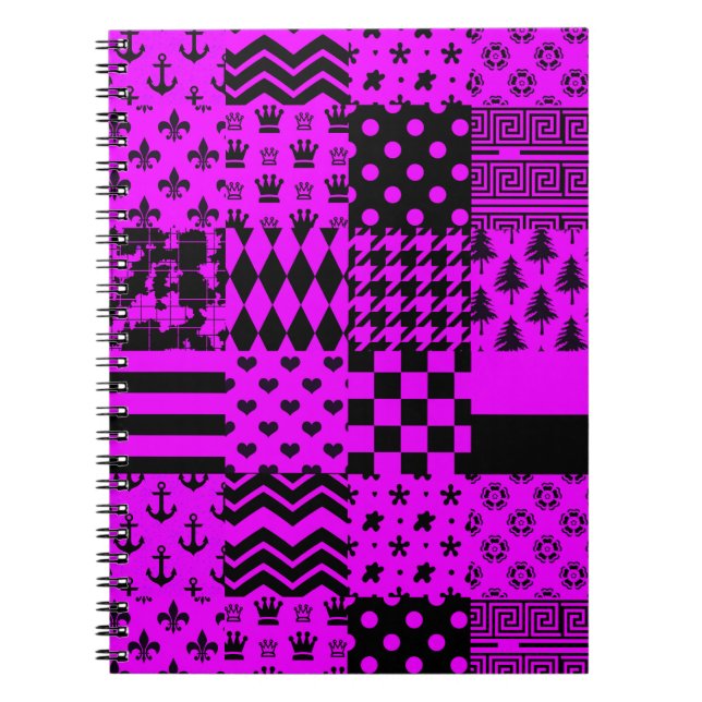 Purple Black Mixed Patterns Patchwork Design  Notebook (Front)