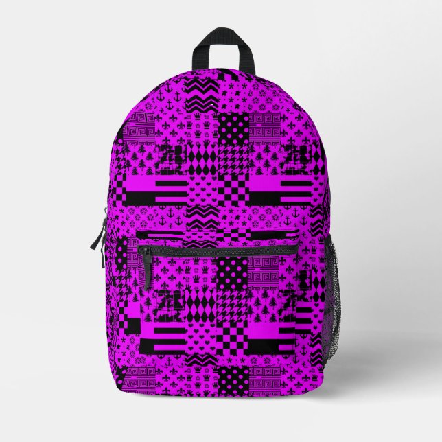 Purple Black Mixed Patterns Patchwork Design  Printed Backpack (Front)