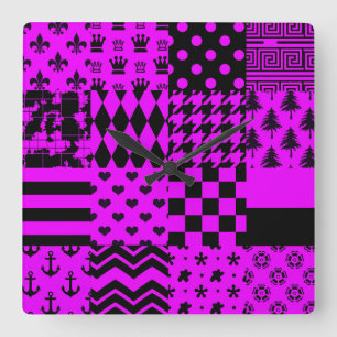 Purple Black Mixed Patterns Patchwork Design  Square Wall Clock