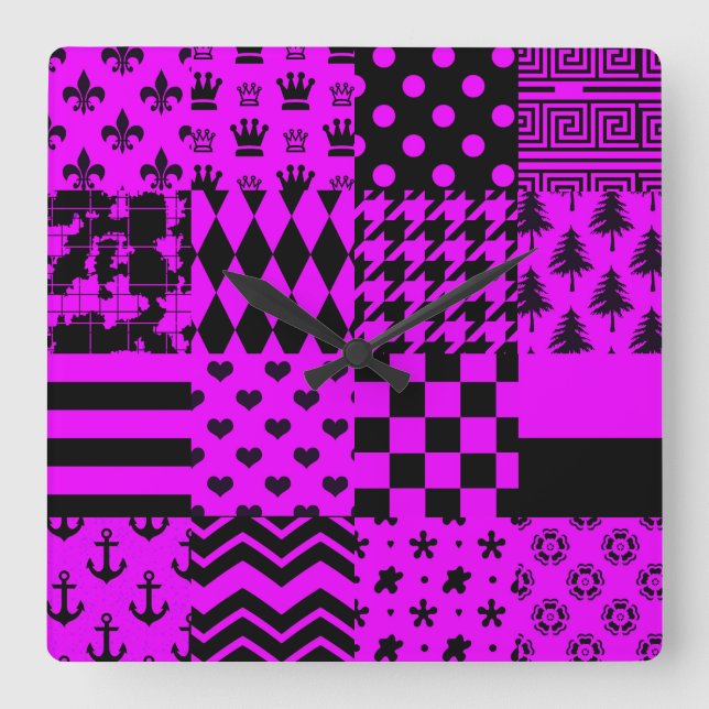 Purple Black Mixed Patterns Patchwork Design  Square Wall Clock (Front)