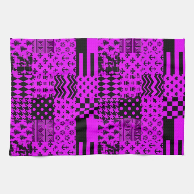 Purple Black Mixed Patterns Patchwork Design  Tea Towel (Horizontal)