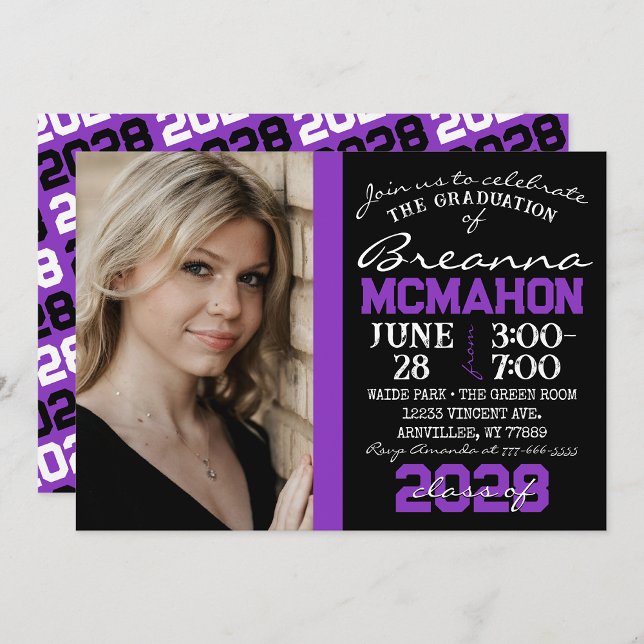 Purple & Black Modern Graduation Photo Invitation ( Repeating Class Year 1 & 2 Photo Graduation Invitations & Announcements)