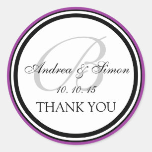 Purple Black Monogram B Wedding Thank You Classic Round Sticker