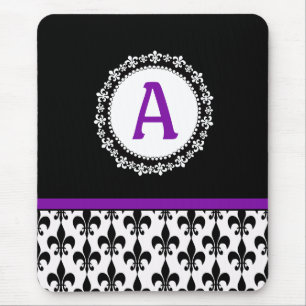 Purple Black Monogram Fleur de Lis Mousepad