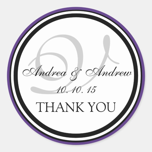 Purple Black Monogram V Wedding Thank You Classic Round Sticker (Front)