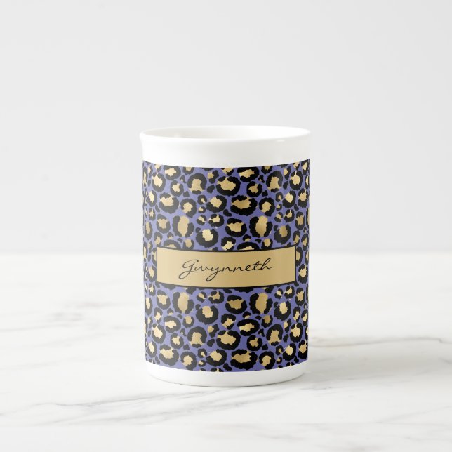 Purple Black Monogrammed Leopard Print Bone China Mug (Front)